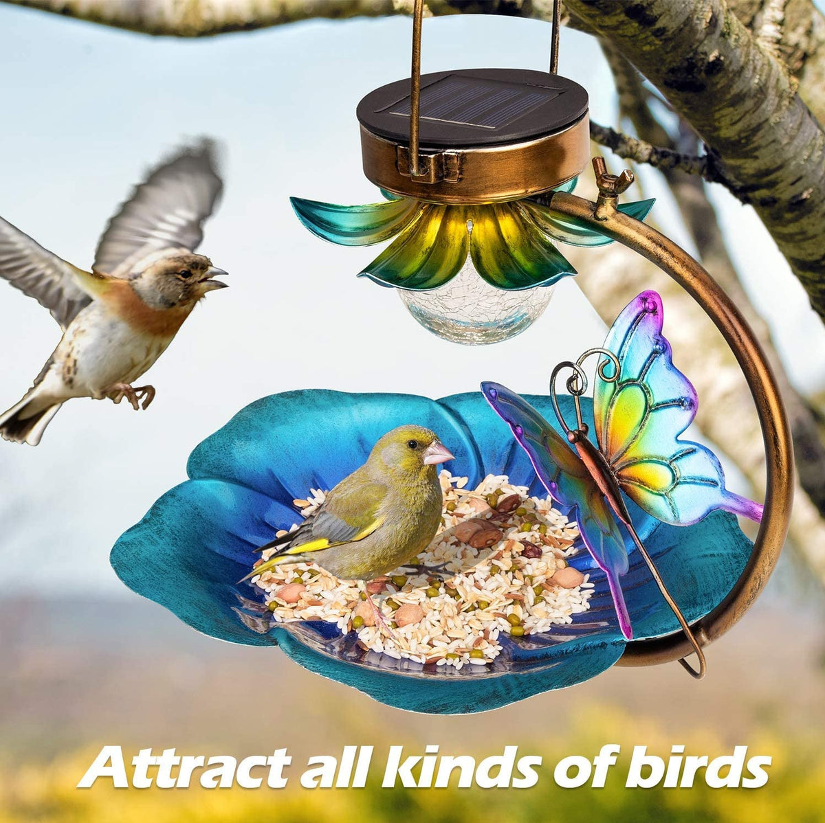 Solar Crack Ball Bird Feeder by Sell My Stuff featuring colorful glass petals and copper frame on Tampa Home & Garden Store