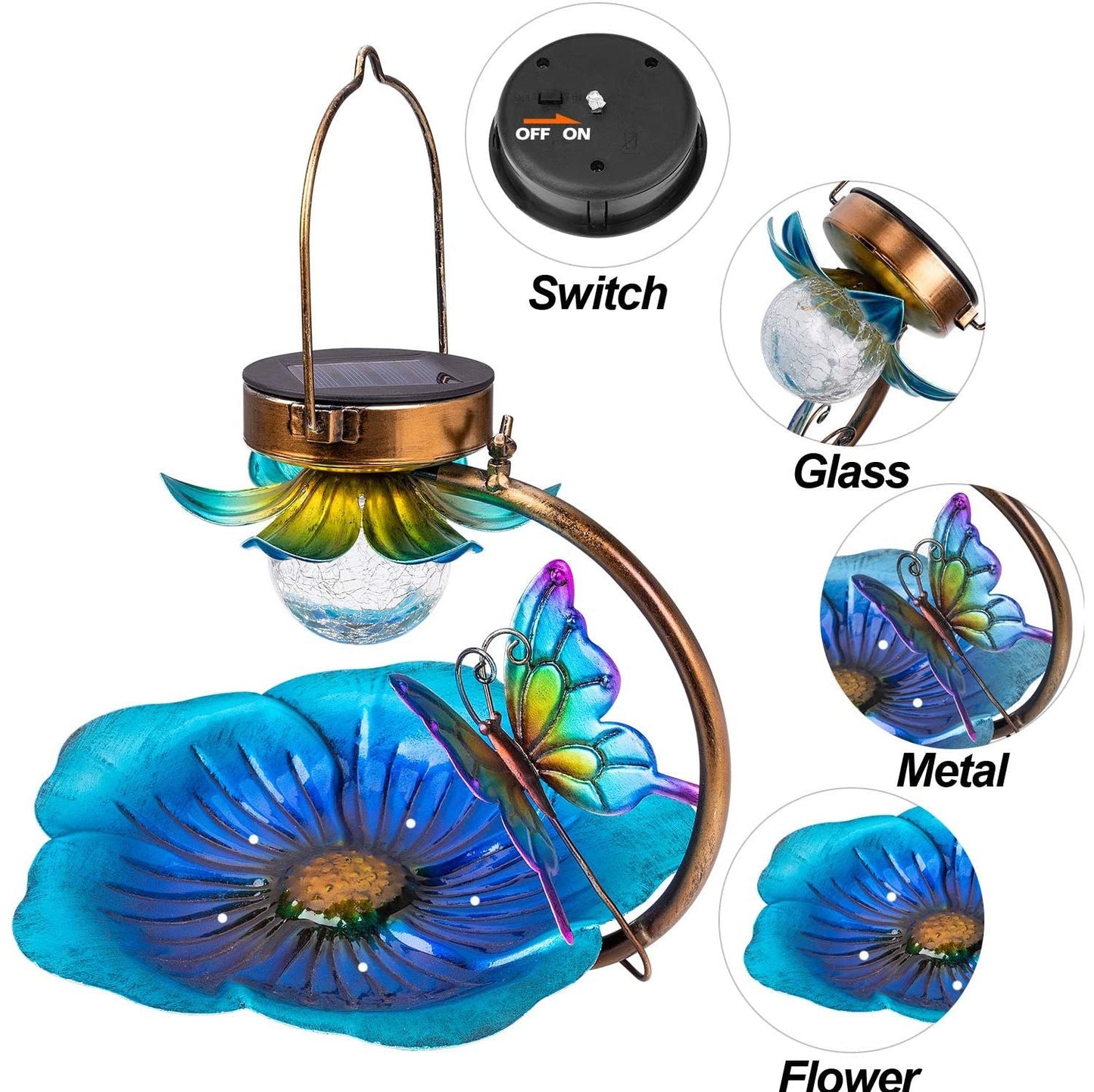 Solar Crack Ball Bird Feeder with copper frame, blue glass flower petals on Tampa Home & Garden Store