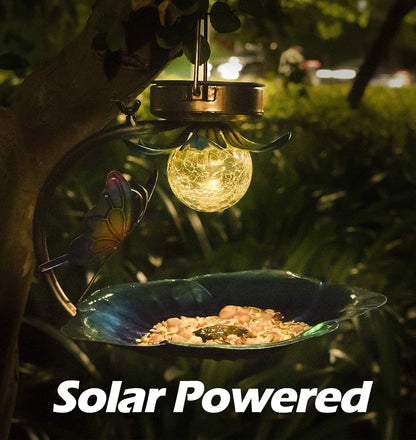 Solar Crack Ball Bird Feeder with crackled glass ball and blue feeding dish by Sell My Stuff on Tampa Home & Garden Store