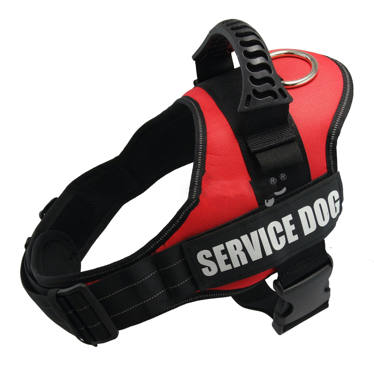 Pet Zen K9 harness red with black trim, reflective panel, top handle and service dog label on Tampa Home & Garden Store