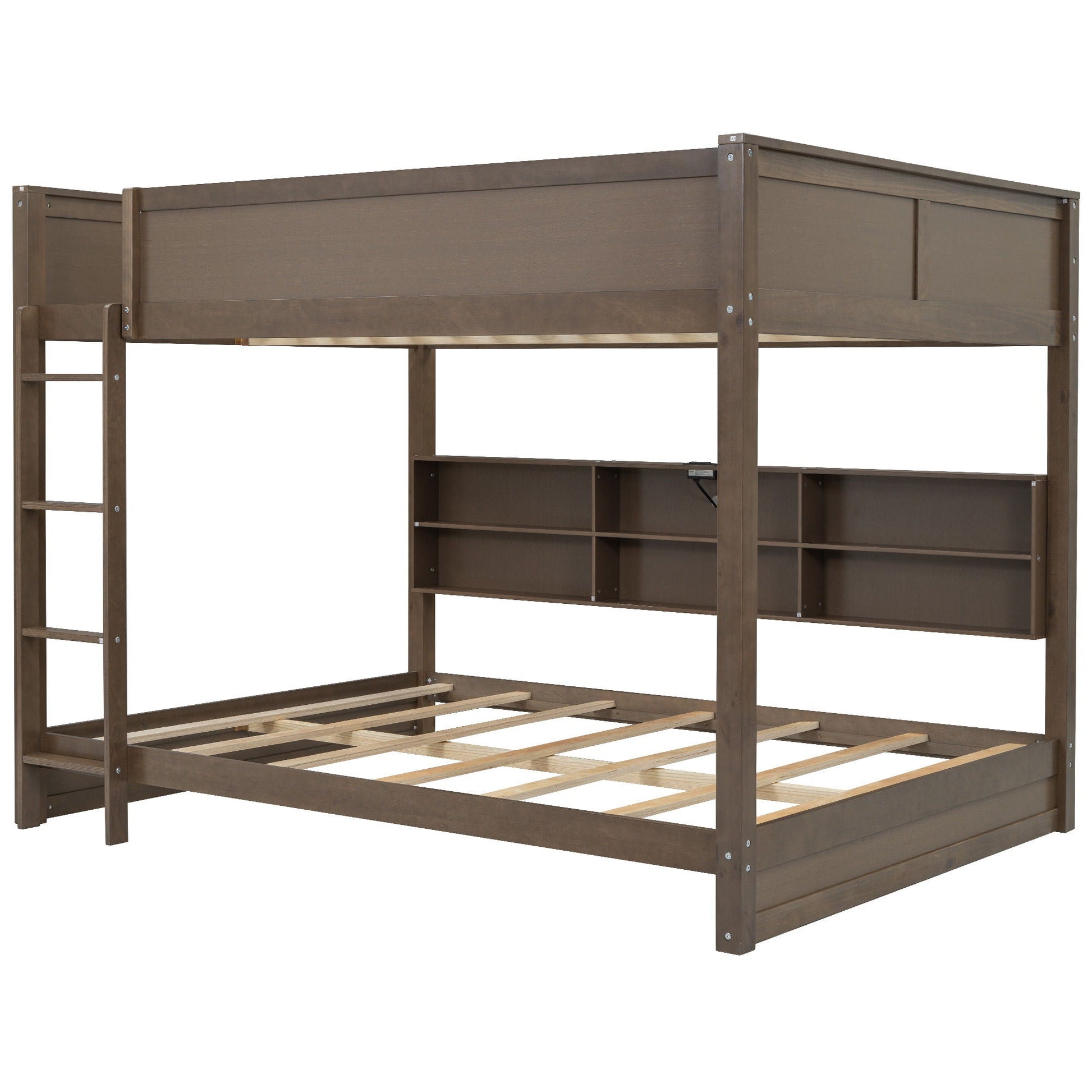 Bunk bed with storage cabinets and USB ports in dark wood, ladder left, open cubby storage on Tampa Home & Garden Store