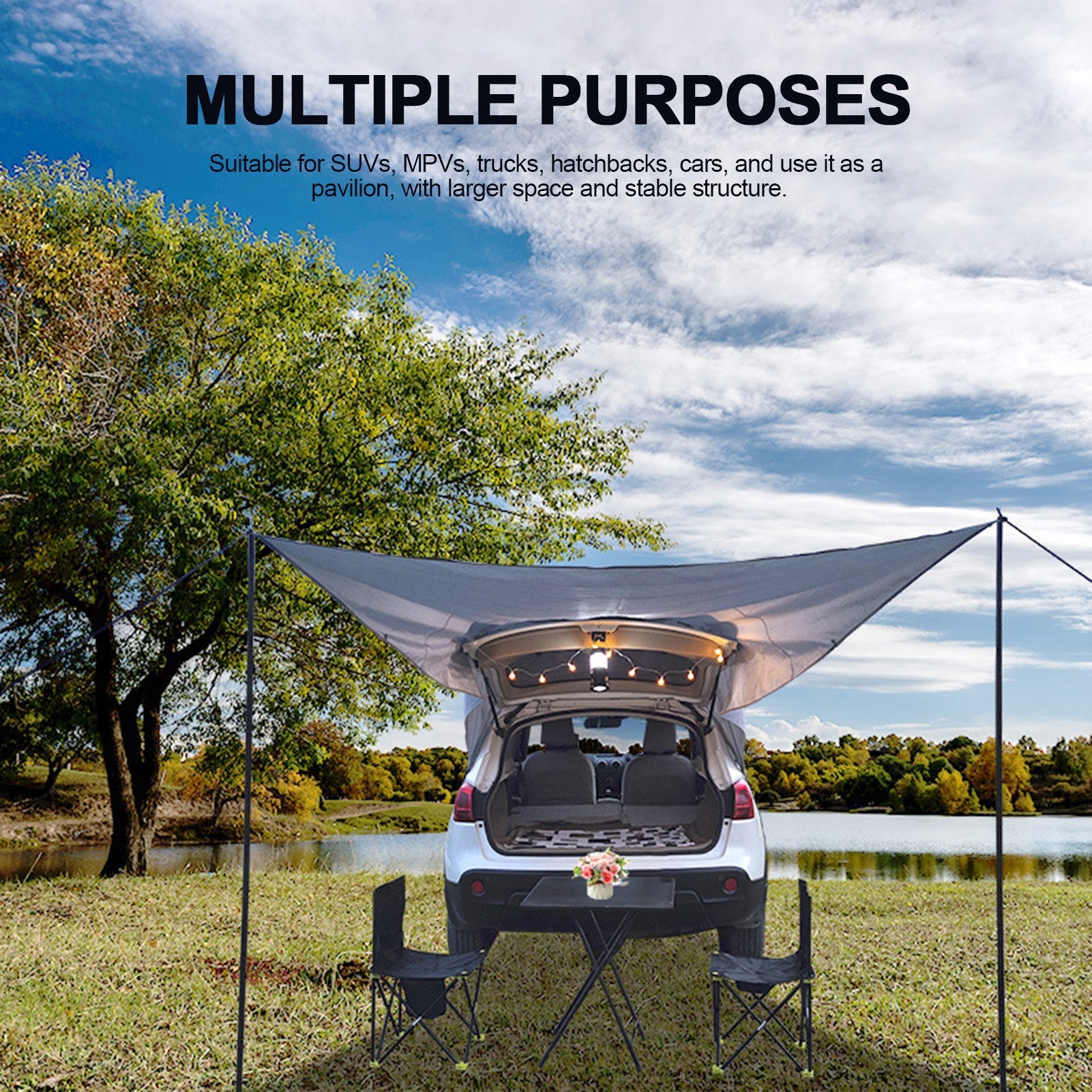 Gray car trunk canopy camping tent set up behind white SUV with two folding chairs on Tampa Home & Garden Store