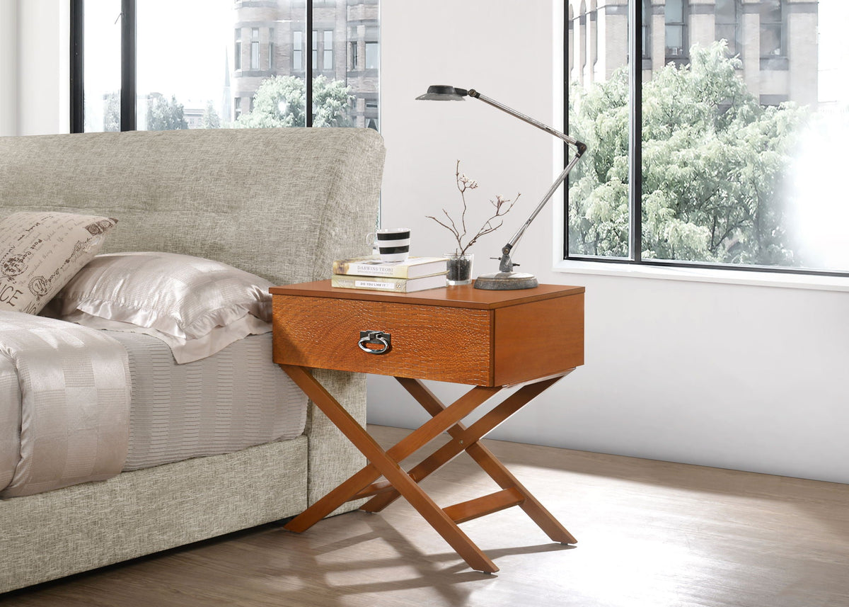 Light brown solid wood framed accent nightstand with textured drawer front and ring pull on Tampa Home & Garden Store