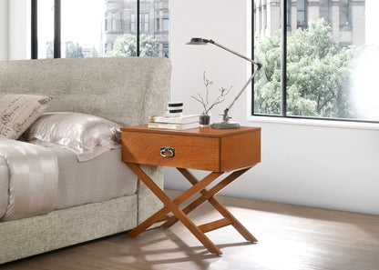 Light brown solid wood framed accent nightstand with textured drawer front and ring pull on Tampa Home & Garden Store