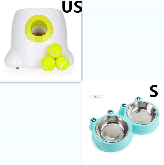 Dog automatic ball launcher with lime accent and 3 tennis balls; turquoise two-bowl feeding set on Tampa Home & Garden Store