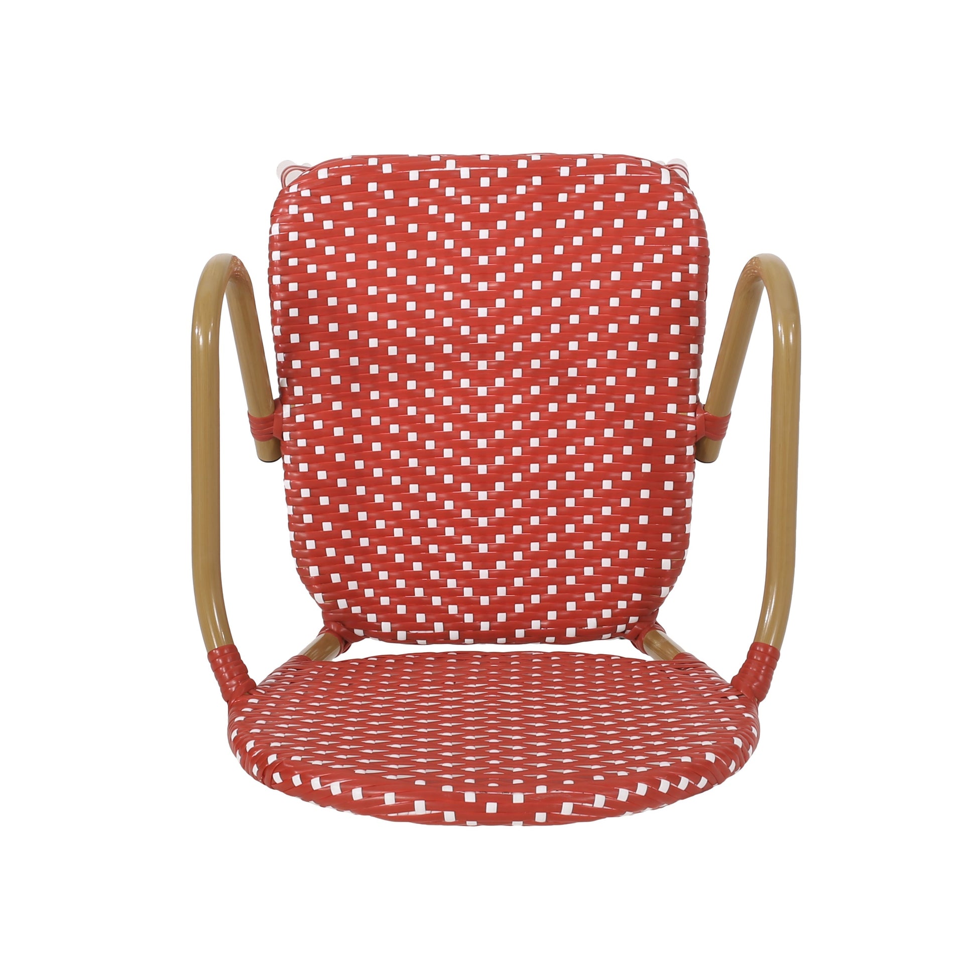 Outdoor wicker and aluminum bar stools pair with red and white woven pattern and armrests on Tampa Home & Garden Store