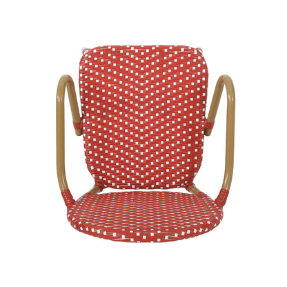 Outdoor wicker and aluminum bar stools pair with red and white woven pattern and armrests on Tampa Home & Garden Store