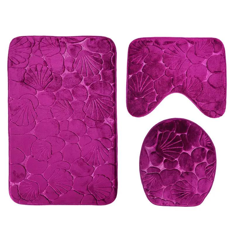 Purple velvet 3-piece toilet mat set with embossed shell pattern contoured and oval mats on Tampa Home & Garden Store