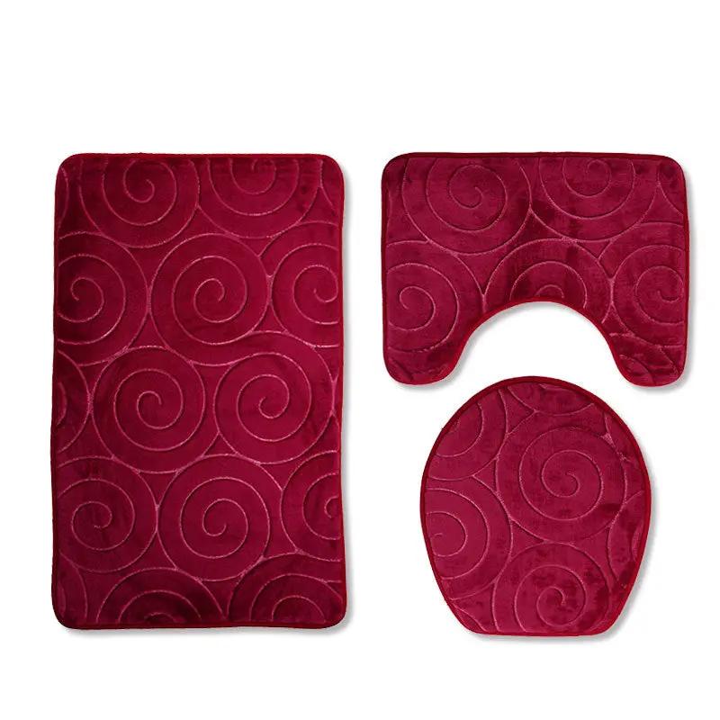 Three-piece burgundy velvet toilet mat set with swirl pattern; bath mat, contour rug, lid cover on Tampa Home & Garden Store