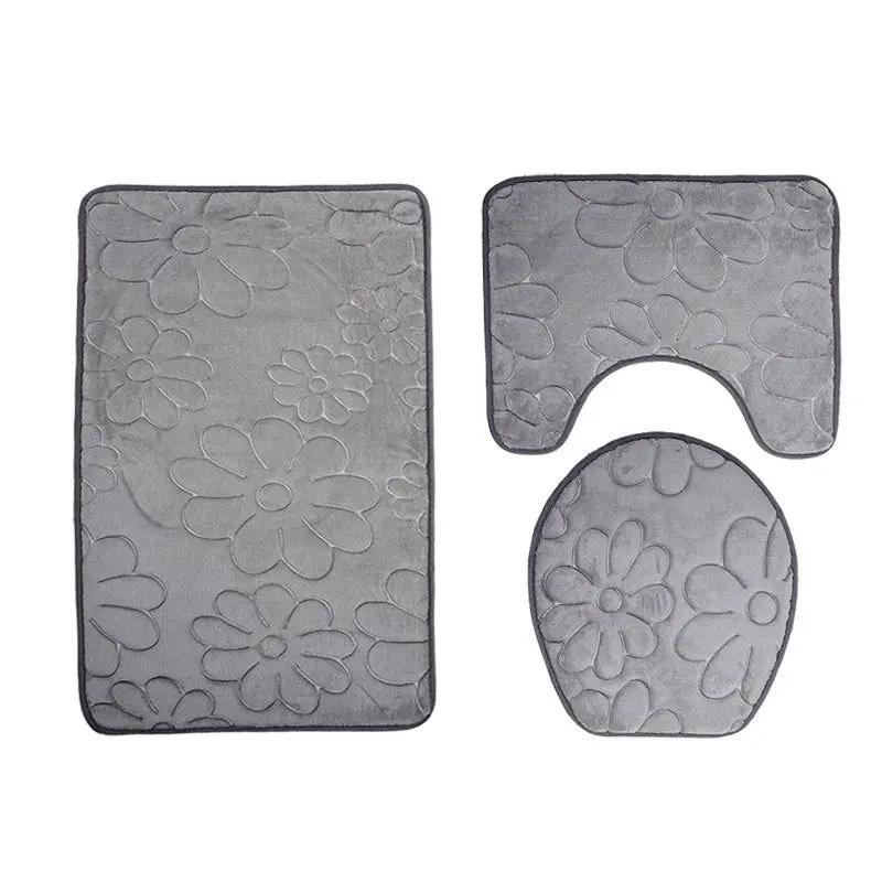 3-piece gray bathroom mat set with floral pattern; rectangular, U-shaped, oval mats on Tampa Home & Garden Store