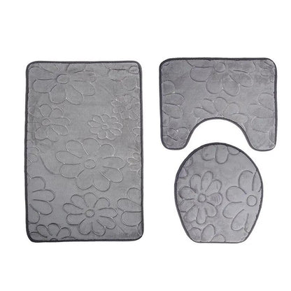 3-piece gray bathroom mat set with floral pattern; rectangular, U-shaped, oval mats on Tampa Home & Garden Store