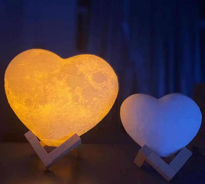 Love Night Light heart-shaped moon lights set of 2 with warm yellow and cool blue glow on stands on Tampa Home & Garden Store