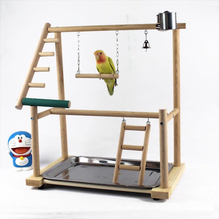 Wooden cockatiel bird stand playground with swing, ladder and metal tray base on Tampa Home & Garden Store