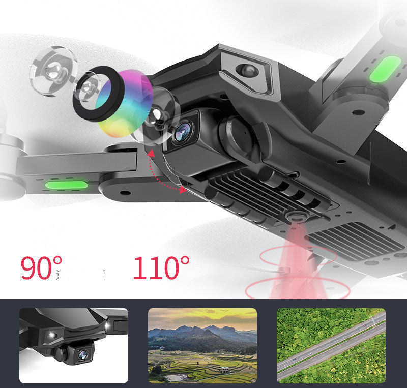 GPS high-definition dual-camera drone in black with green LEDs and a gimbal, 90°/110° angles, three thumbnails on Tampa Home & Garden Store