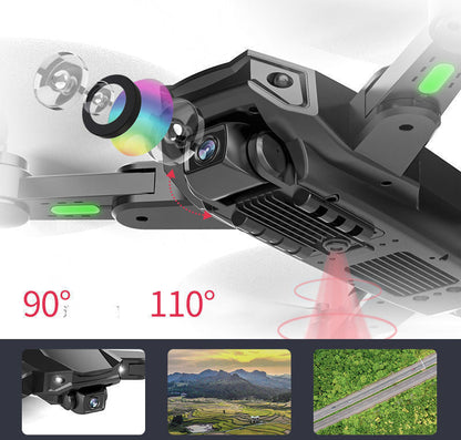 GPS high-definition dual-camera drone in black with green LEDs and a gimbal, 90°/110° angles, three thumbnails on Tampa Home & Garden Store
