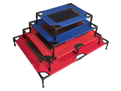 Foldable pet trampoline bed, red and blue fabric on black metal frame, cat/dog cot on Tampa Home & Garden Store