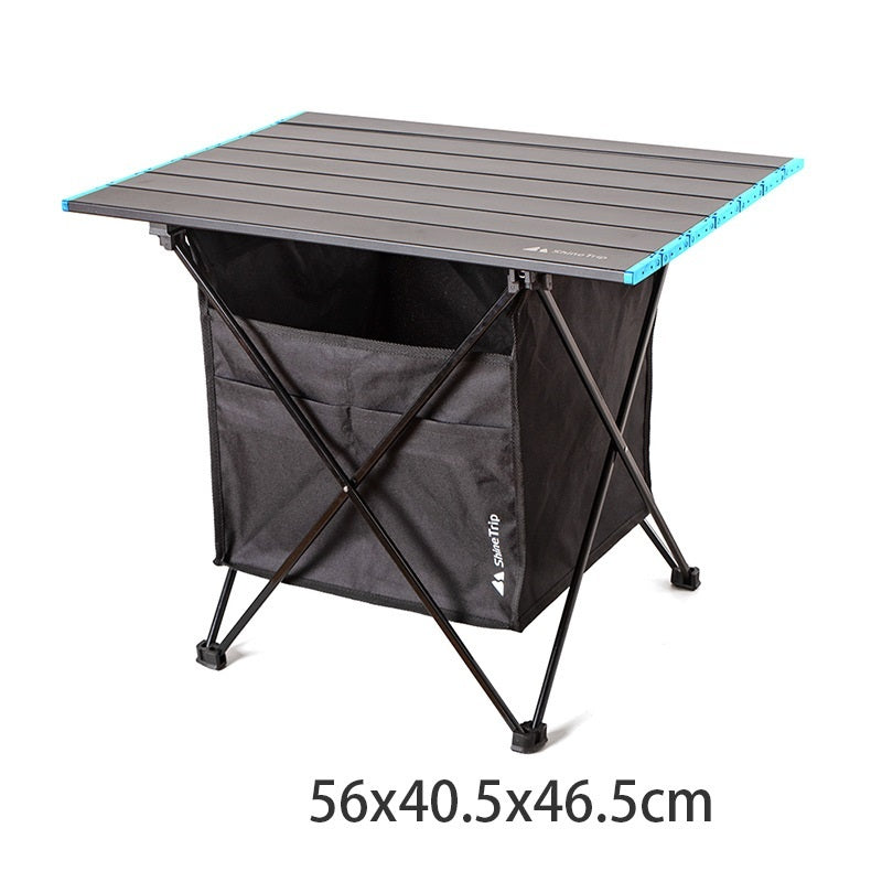 Folding outdoor table with storage bag, aluminum frame, blue edge trim, 56x40.5x46.5 cm on Tampa Home & Garden Store