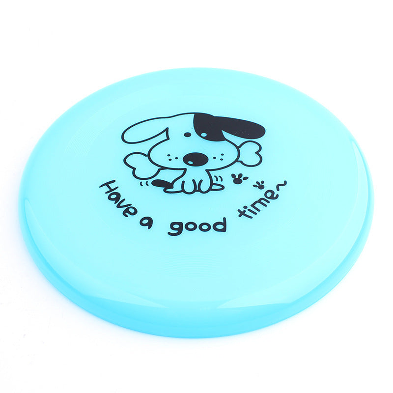 Blue silicone flying disc dog toy with cartoon puppy graphic and Have a good time slogan on Tampa Home & Garden Store