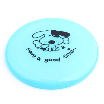 Blue silicone flying disc dog toy with cartoon puppy graphic and Have a good time slogan on Tampa Home & Garden Store