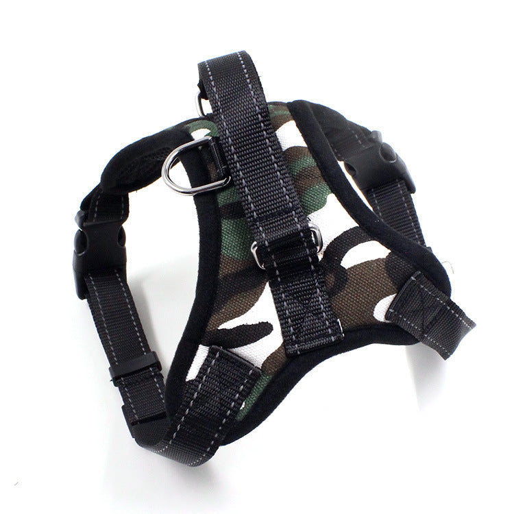 Pet Zen camouflage dog chest harness with black nylon straps, metal D-ring, adjustable straps on Tampa Home & Garden Store