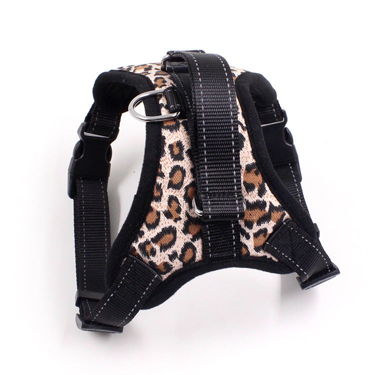 Leopard print chest harness for pets by Pet Zen with black straps and metal ring on Tampa Home & Garden Store