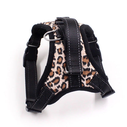 Leopard print chest harness for pets by Pet Zen with black straps and metal ring on Tampa Home & Garden Store