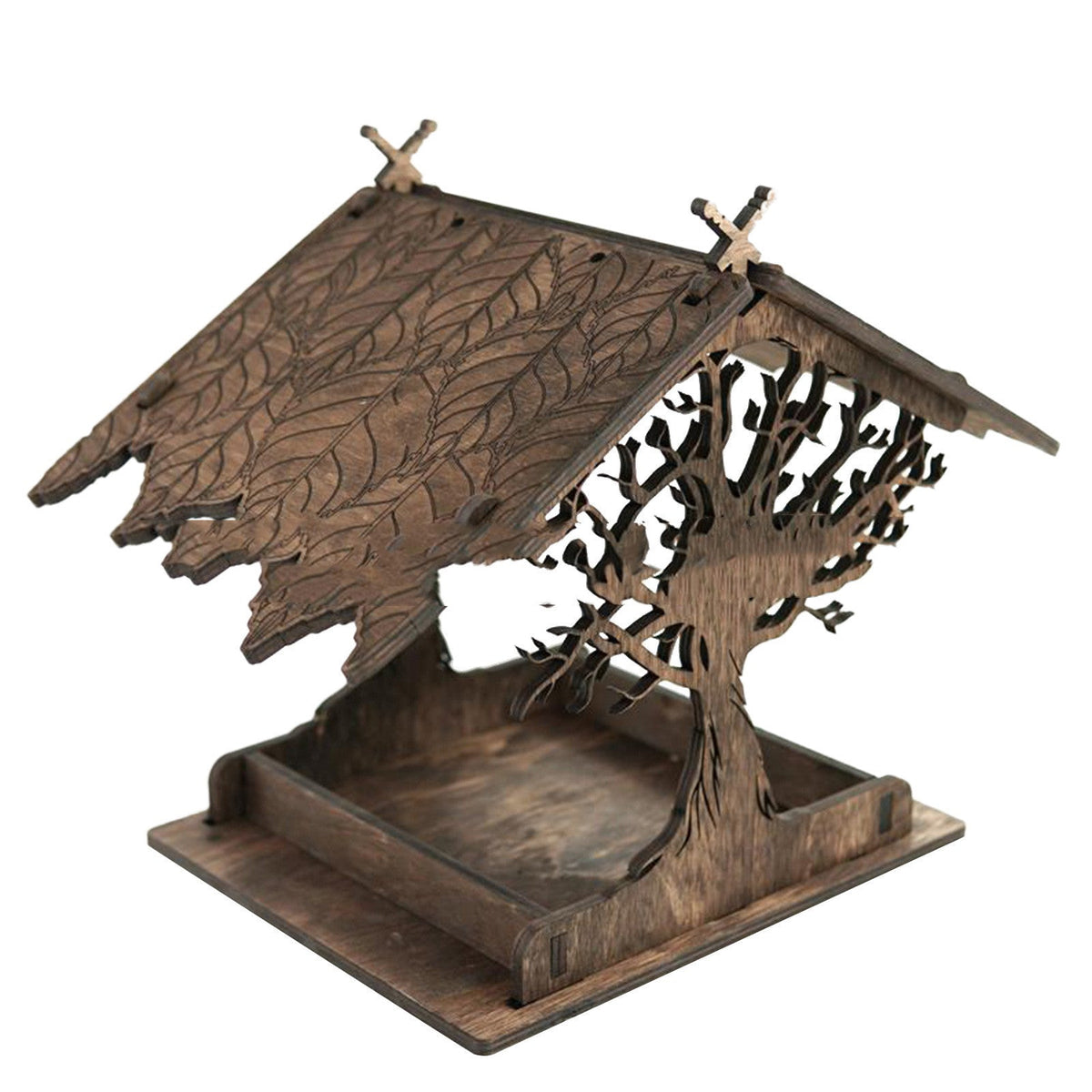 Wooden bird feeder with carved leaf-pattern roof and tree motif pendant by Sell My Stuff on Tampa Home & Garden Store