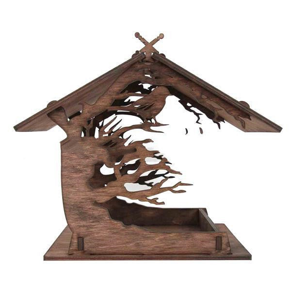 Wooden bird feeder with a carved tree silhouette and sloped roof garden pendant decoration on Tampa Home & Garden Store