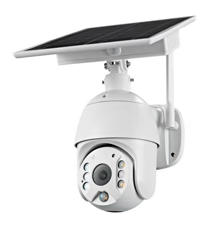 4G LTE solar wireless security camera with white housing and top solar panel on Tampa Home & Garden Store
