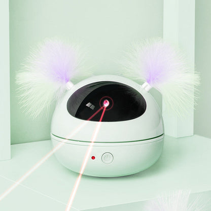 Automatic electric cat toy white sphere with black lid, lavender ears and pink laser beams on Tampa Home & Garden Store