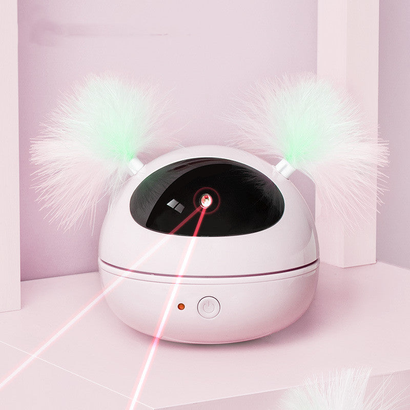Automatic electric cat toy ball with mint-green pom-poms and white glossy body laser pointer on Tampa Home & Garden Store