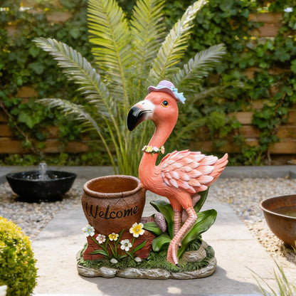 Outdoor Flamingo Flower Pot Planter statue in pink with Welcome pot accents by HouseOfZazla on Tampa Home & Garden Store