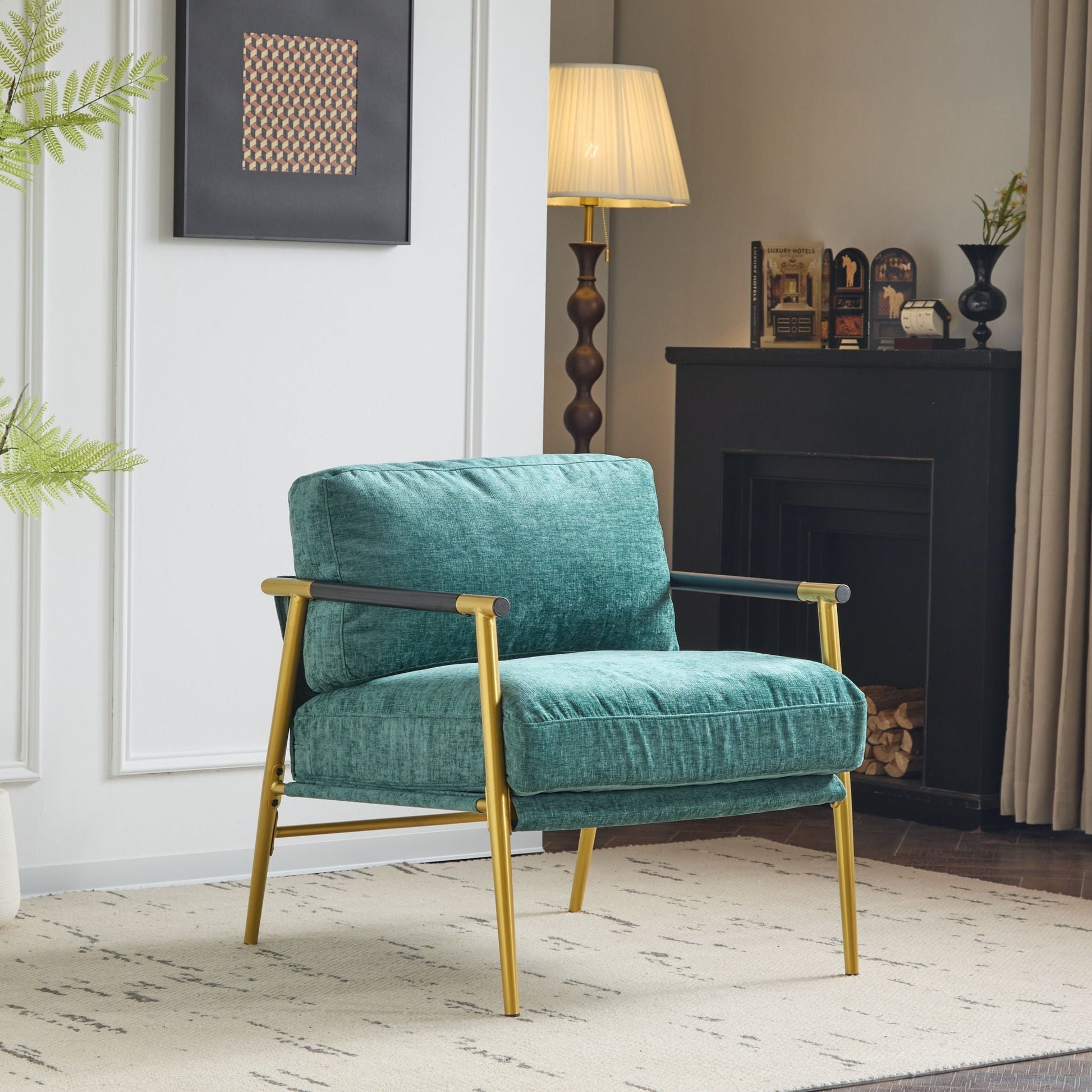 Modern Accent Chair HouseOfZazla with teal plush cushions, wooden armrests, gold frame on Tampa Home & Garden Store