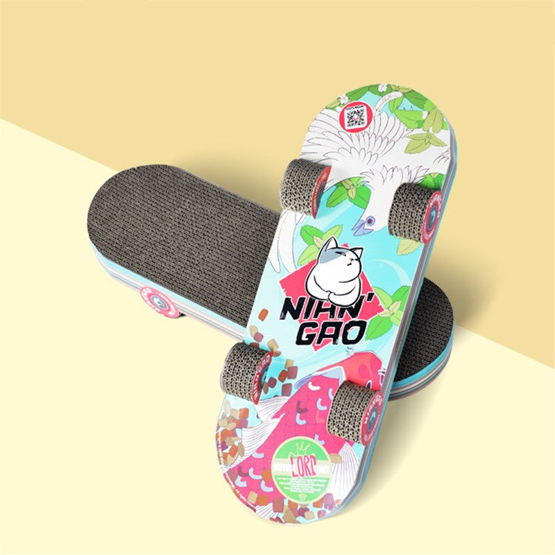 Rice Cake cat scratching skateboard with corrugated cardboard surface and colorful floral print on Tampa Home & Garden Store