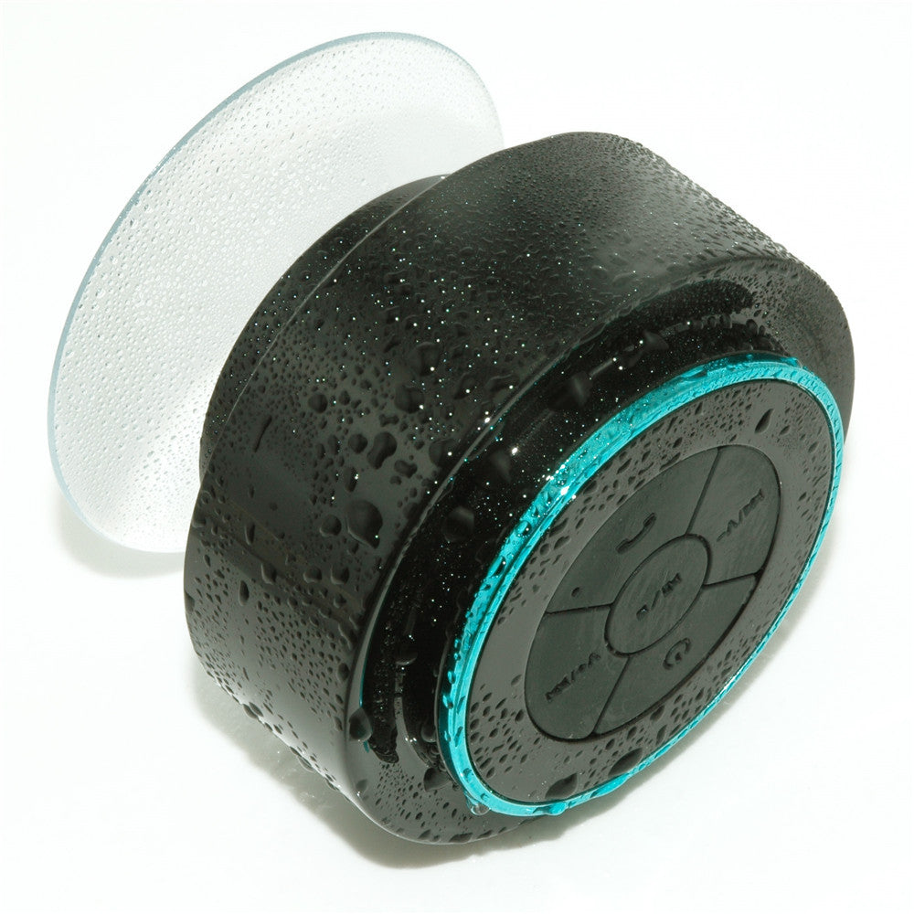 Waterproof Bluetooth speaker black circular mini bathroom speaker with teal ring by My Store on Tampa Home & Garden Store