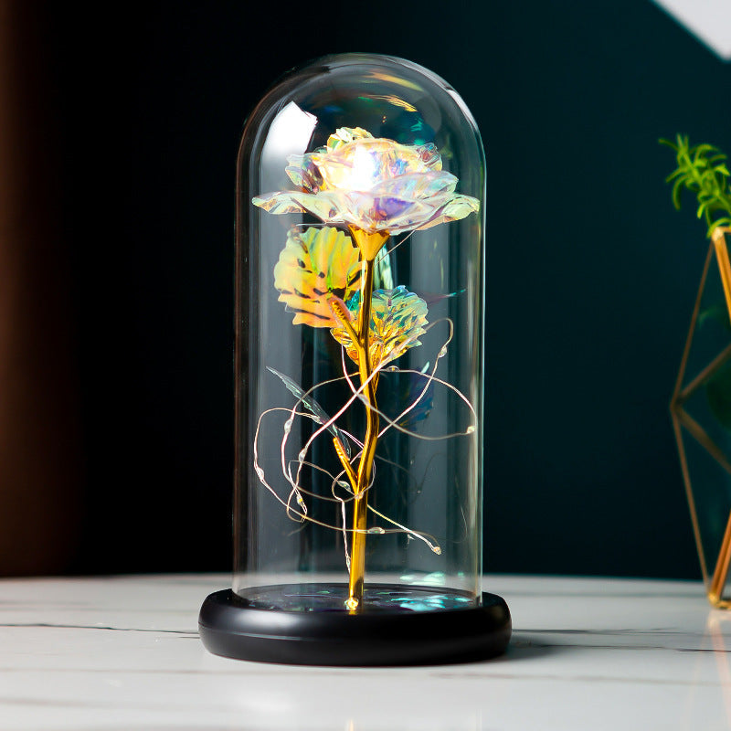 Gold Foil Rose Preserved Flower Glass Dome with black base iridescent petals on Tampa Home & Garden Store