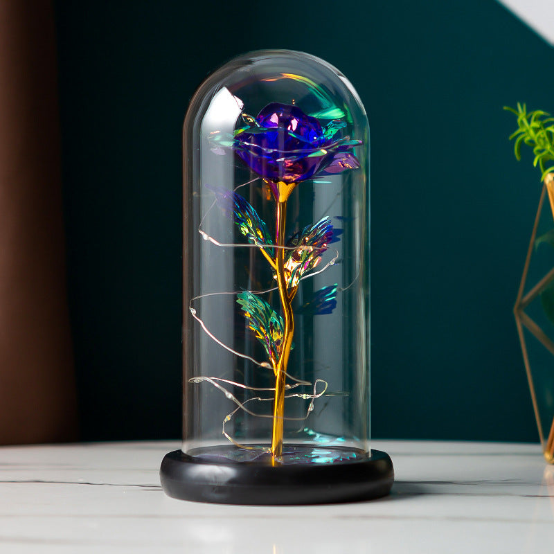Gold foil rose preserved flower under glass dome with golden stem on black base on Tampa Home & Garden Store