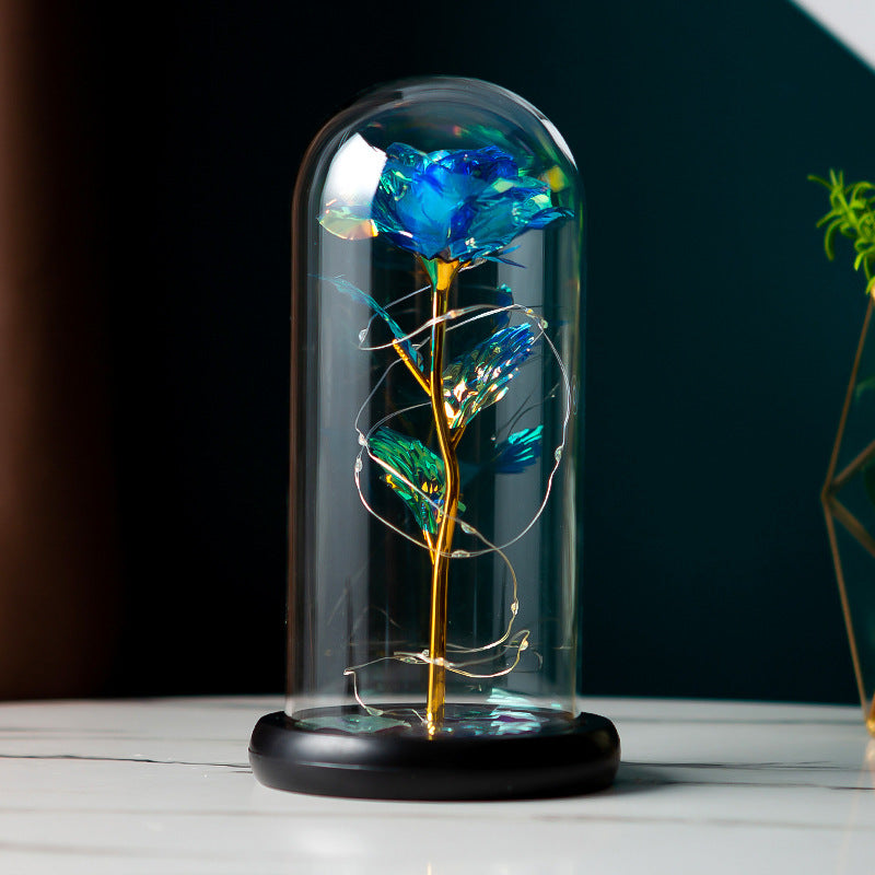 Gold Foil Rose Preserved Flower Glass Cover blue iridescent rose with gold stem on Tampa Home & Garden Store