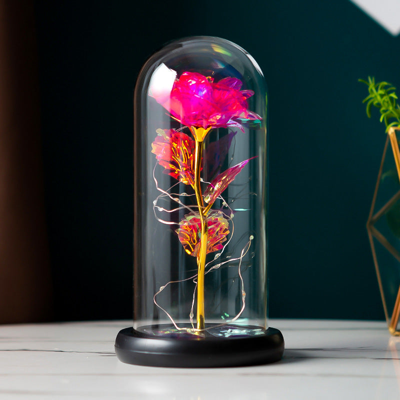 Gold Foil Rose Gift Glass Cover pink bloom under glass dome on black base on Tampa Home & Garden Store