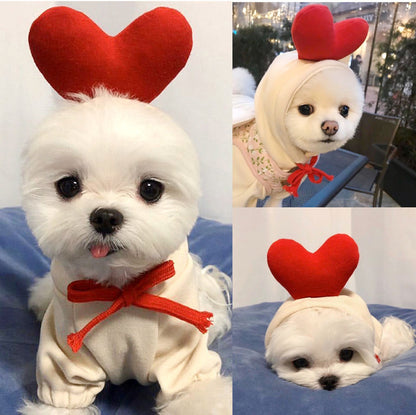 Cream dog hoodie for small dogs with red ribbon and heart headpiece by Pet Zen on Tampa Home & Garden Store