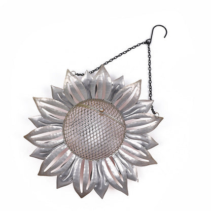 Wrought iron flower-shaped bird feeder with sunburst petals and mesh center, hanging chain on Tampa Home & Garden Store