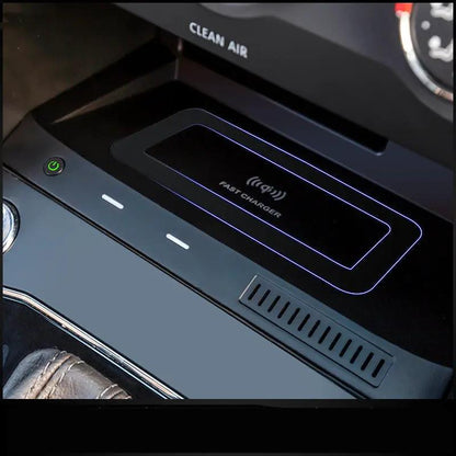 Car wireless charger pad fast charge black with blue edge lighting in center console on Tampa Home & Garden Store