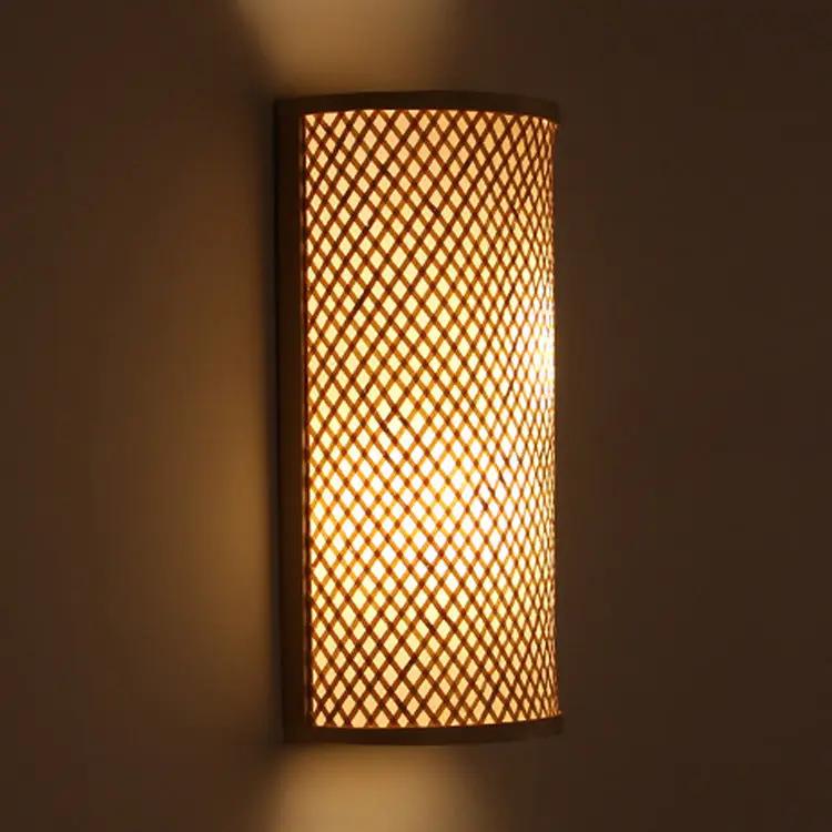Wall lamp bamboo lattice shade with wood frame, warm ambient glow on Tampa Home & Garden Store