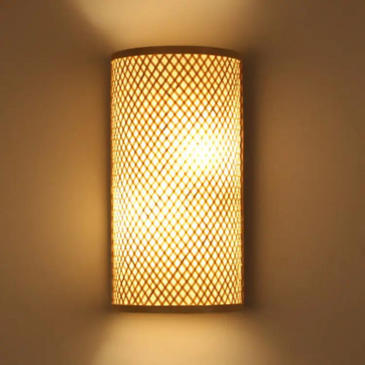 Wall lamp with bamboo and wood lattice shade, cylindrical, warm amber glow, FLIPSTYLEZLLC on Tampa Home & Garden Store