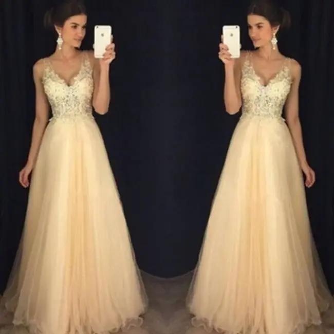 Lady Lace Evening Gown ivory lace bodice champagne tulle skirt by FLIPSTYLEZLLC twin view on Tampa Home & Garden Store