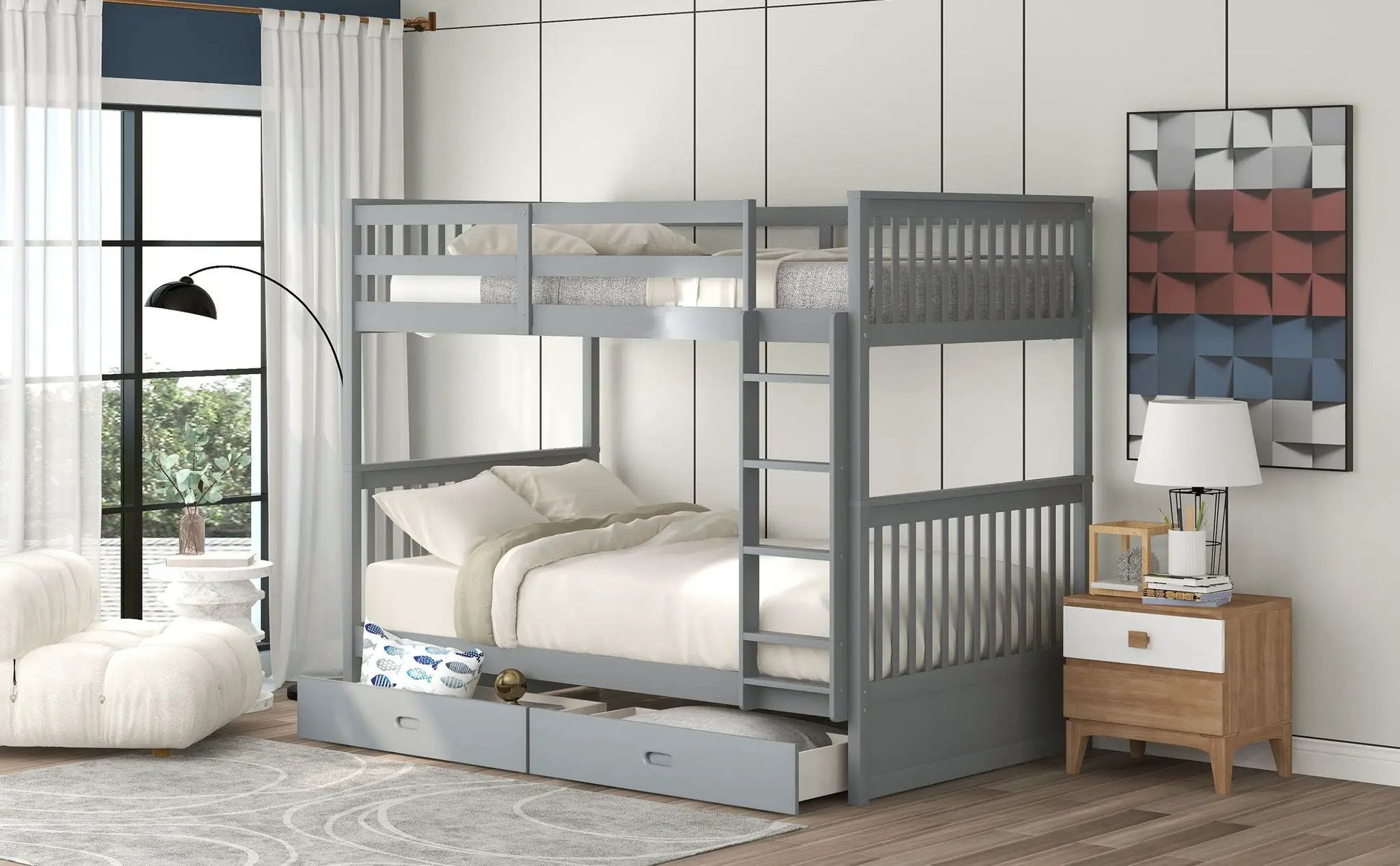 Gray bunk bed with ladders and 2 storage drawers by Unique Piece Furniture on Tampa Home & Garden Store