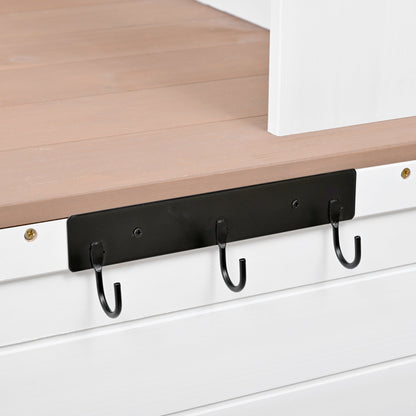 TOPMAX 65.7 in Tall Garden Potting Bench with Hutch, white base, wood top, black hooks on Tampa Home & Garden Store