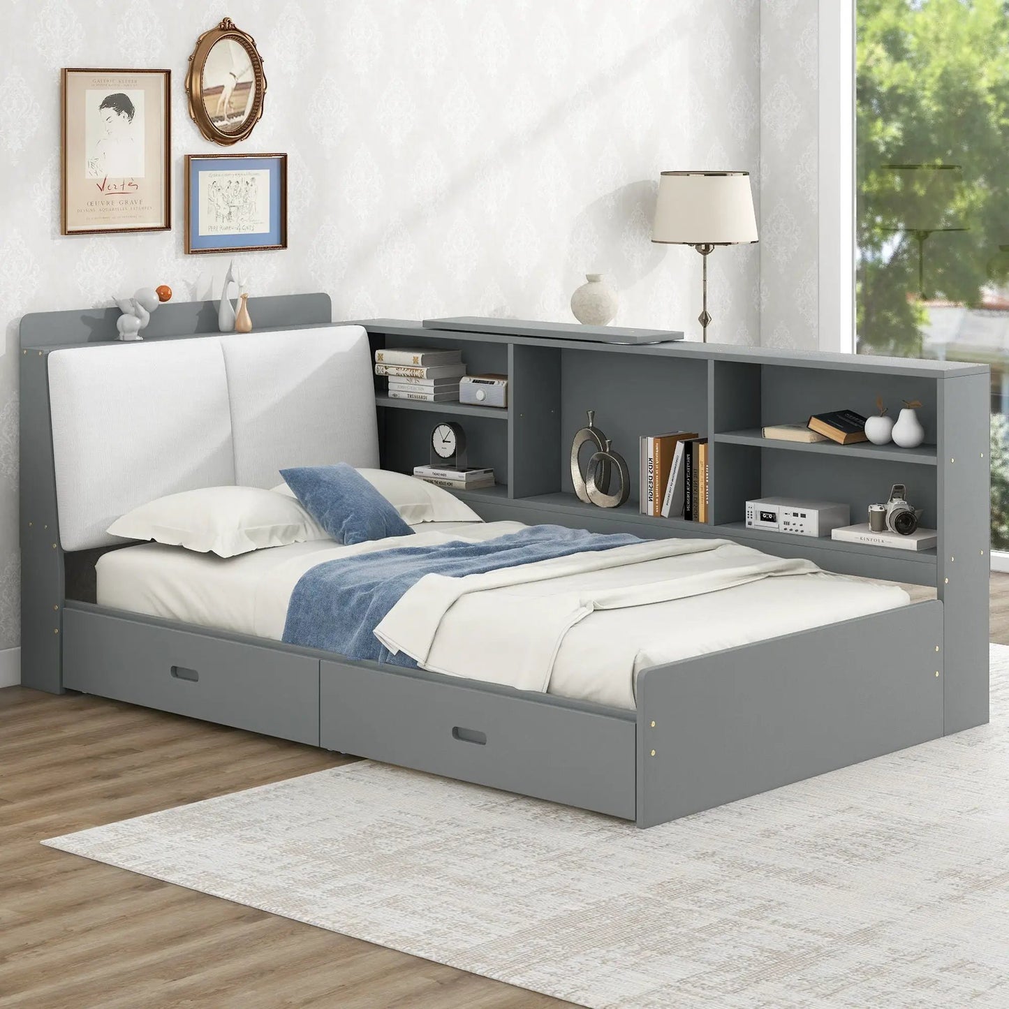 Platform bed with storage headboard and 2 drawers in gray by Unique Piece Furniture on Tampa Home & Garden Store