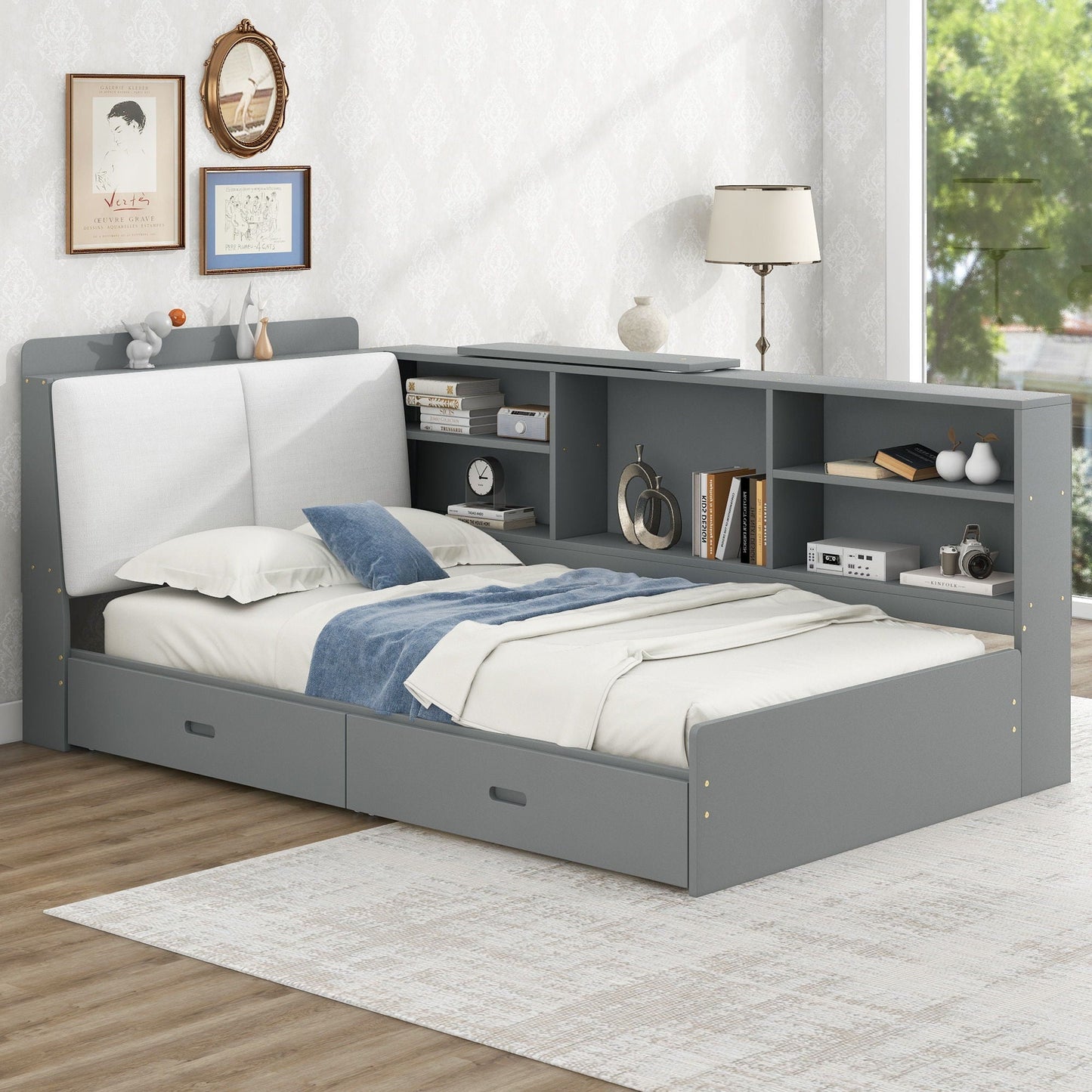 Platform bed with storage headboard in gray, with built-in shelves and two drawers on Tampa Home & Garden Store