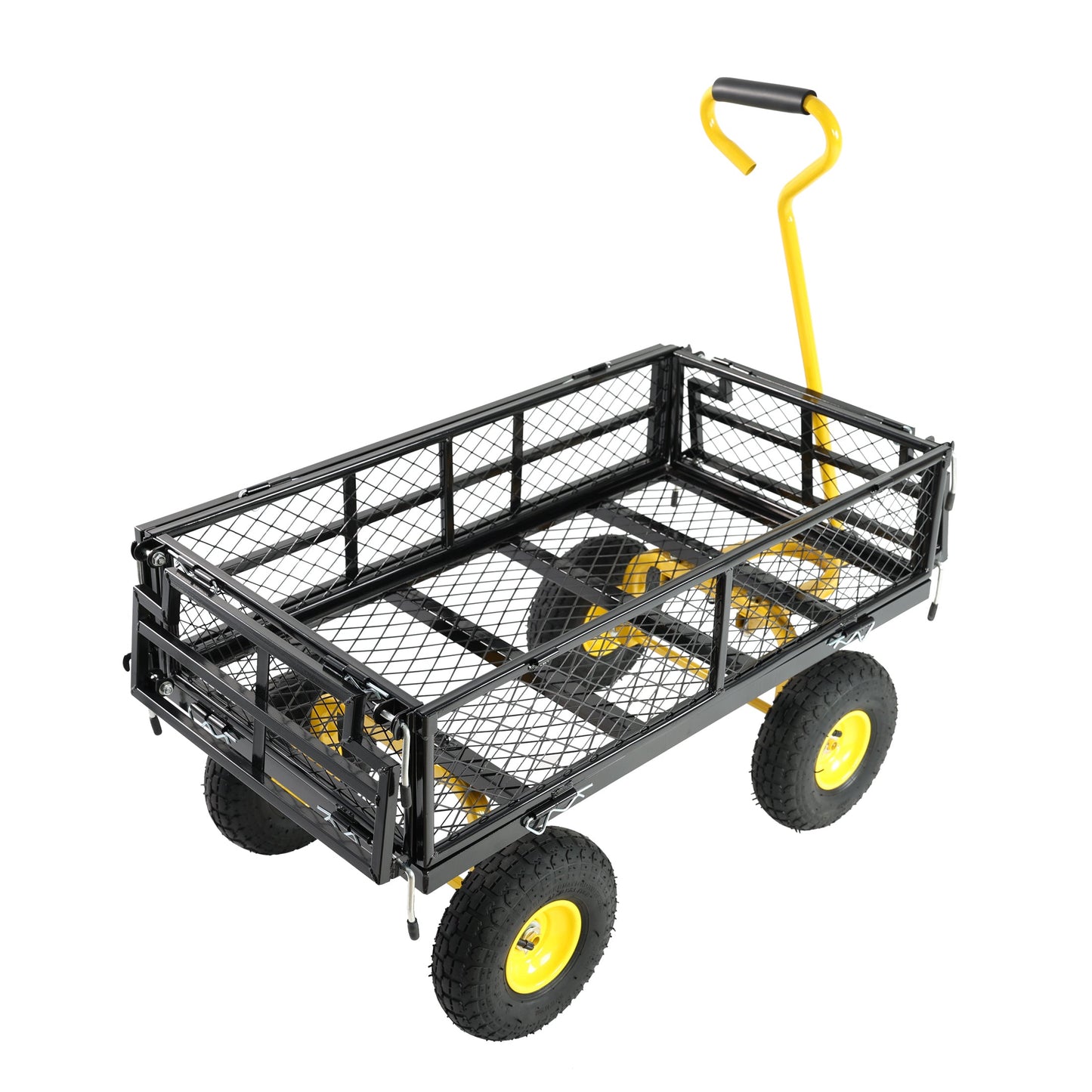 Wagon cart outdoor wagon by HouseOfZazla with black metal frame, mesh sides, yellow wheels and handle on Tampa Home & Garden Store